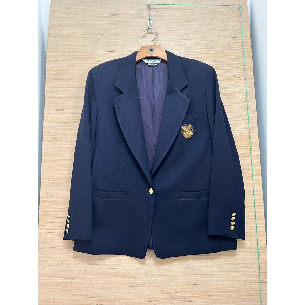 Austin Reed Petite Navy Blue Blazer Gold Crest Patch Button Jacket Size 14P